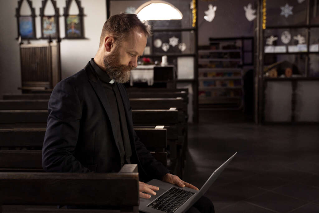Person submitting an online prayer request through a digital faith platform while seeking spiritual support and community connection