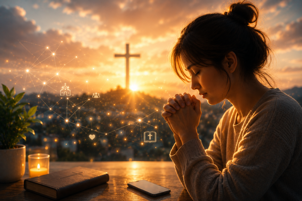 Believers participating in anonymous prayer and public prayer through digital faith communities