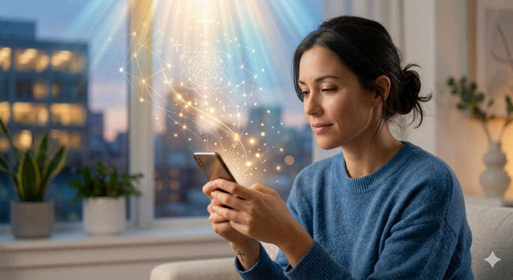Person practicing daily prayer for mental health and spiritual peace through digital faith connection