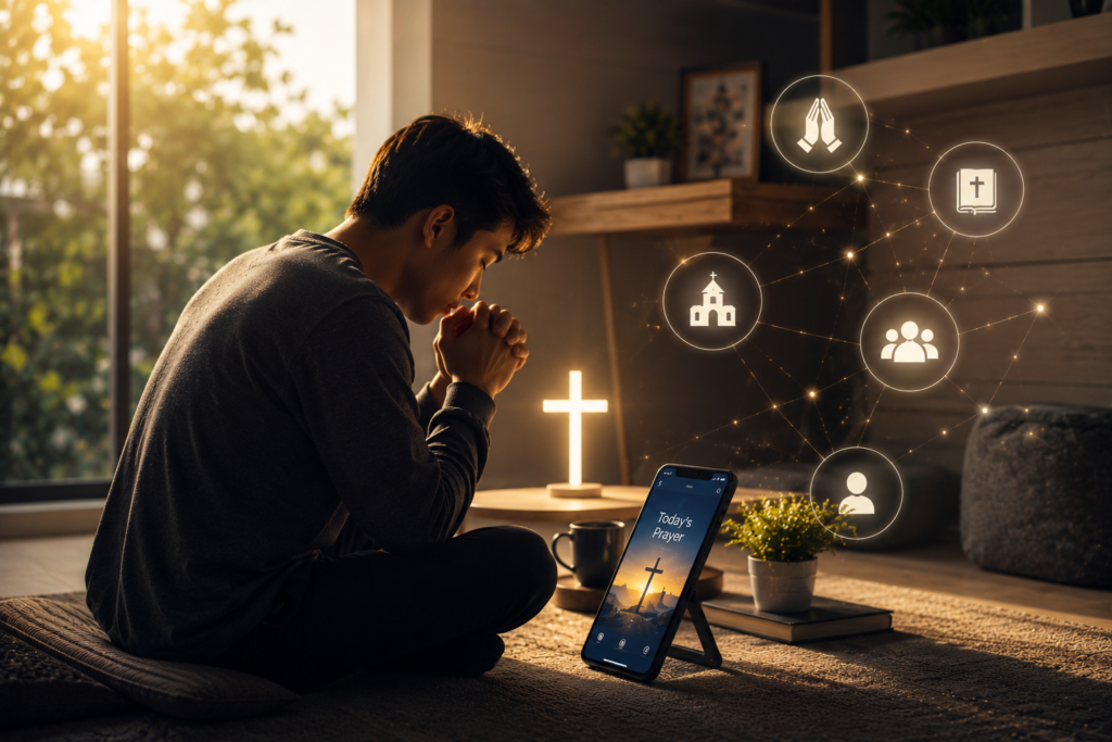 Christian using digital prayer methods alongside traditional prayer practices