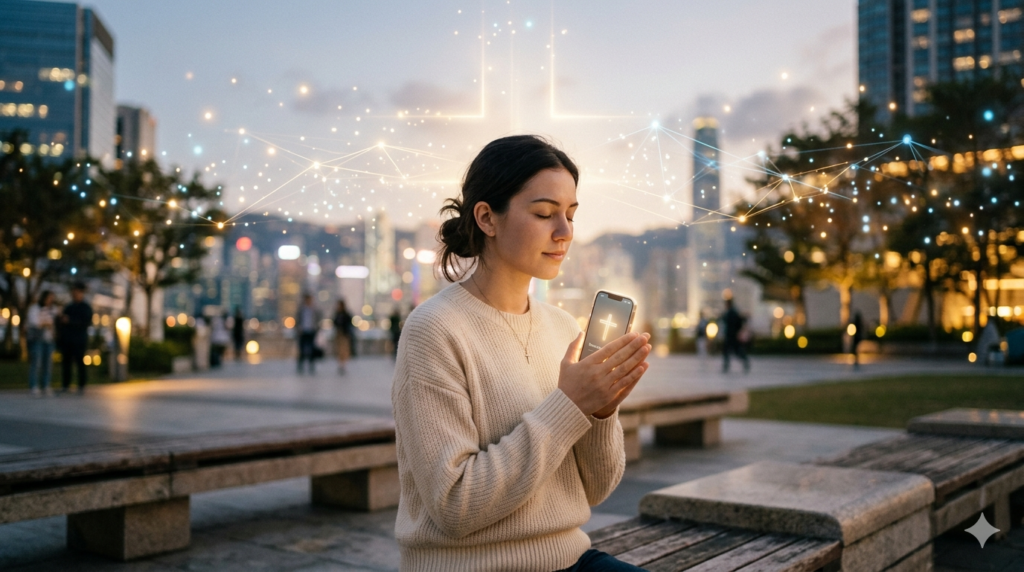 Person praying quietly while improving focus during prayer through faith-centered digital support