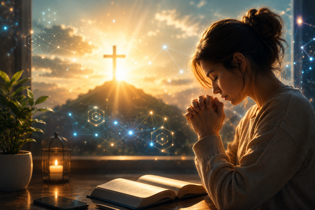 People participating in intercessory prayer through digital faith and spiritual community connection