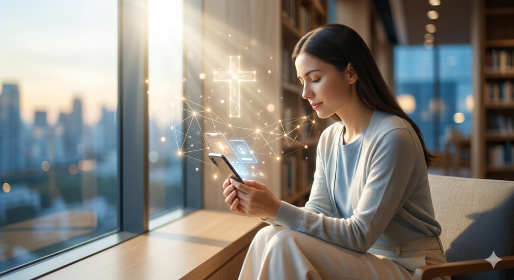 People connecting through interfaith prayer communities using digital faith technology and shared spiritual devotion