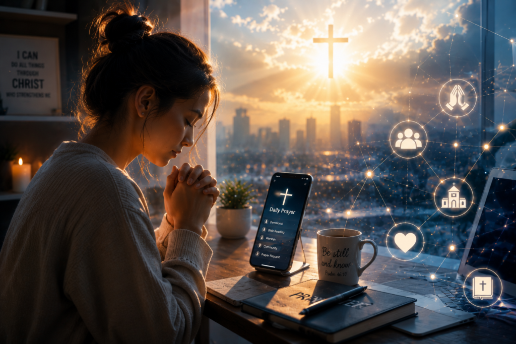 Christian woman staying consistent with prayer in a busy modern life using digital devotion tools