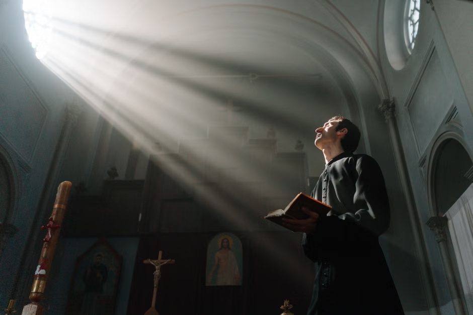 Illustration of people participating in prayer and spiritual support through a digital faith platform using Proof of Intercession concepts
